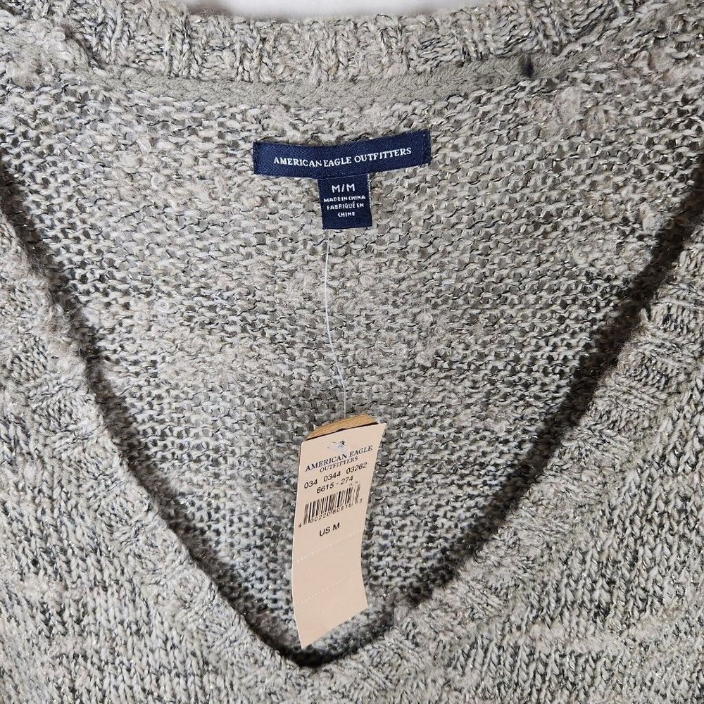 American Eagle Tunic Sweater Womens Beige Deep V Neck Knit Cottagecore Y2K New - Picture 2 of 15